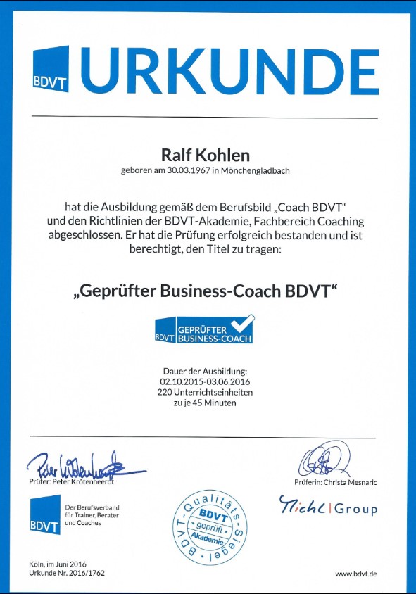 Zertifikat Business Coach BDVT Ralf Kohlen