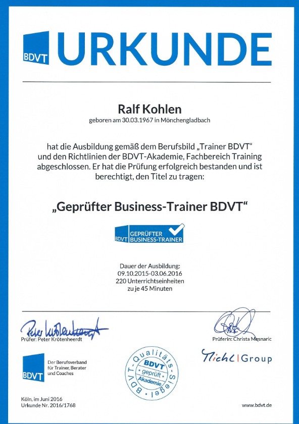 Zertifikat Business-Trainer BDVT Ralf Kohlen